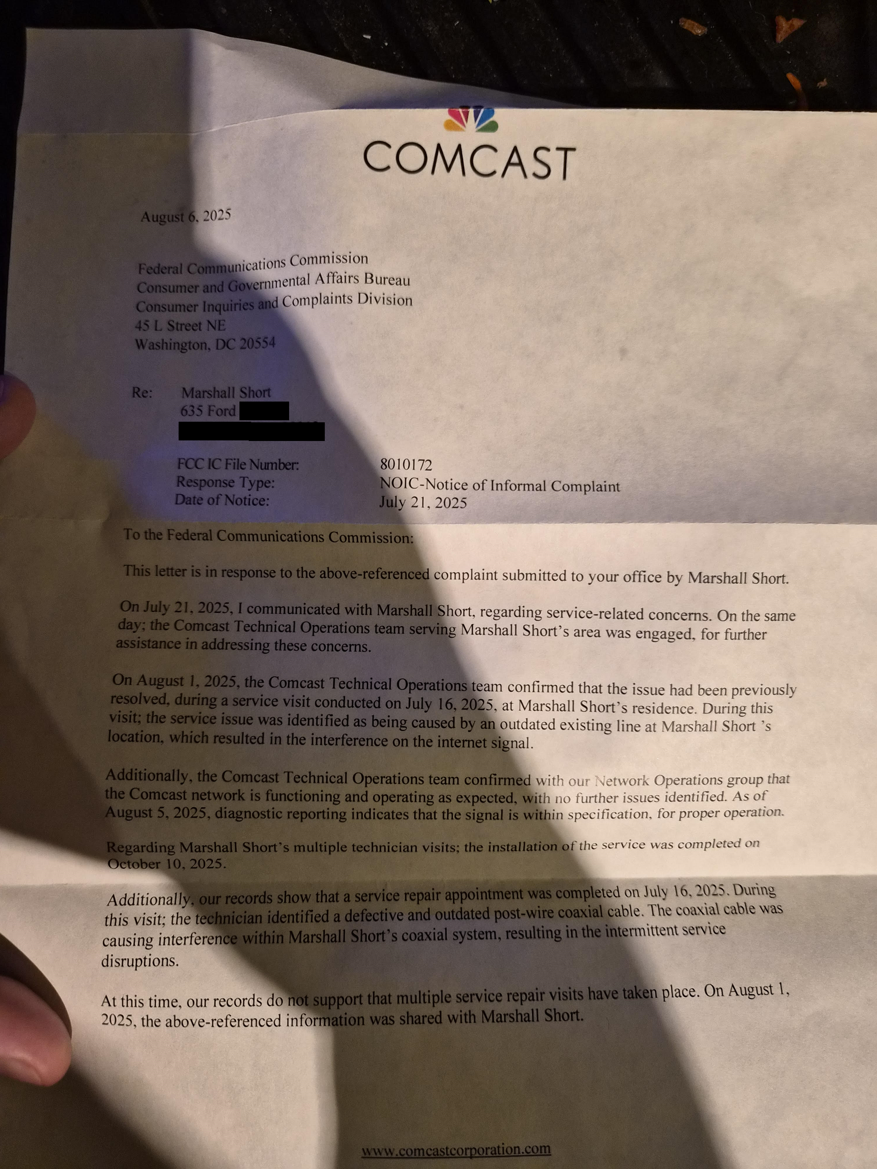 Comcast FCC Response Letter